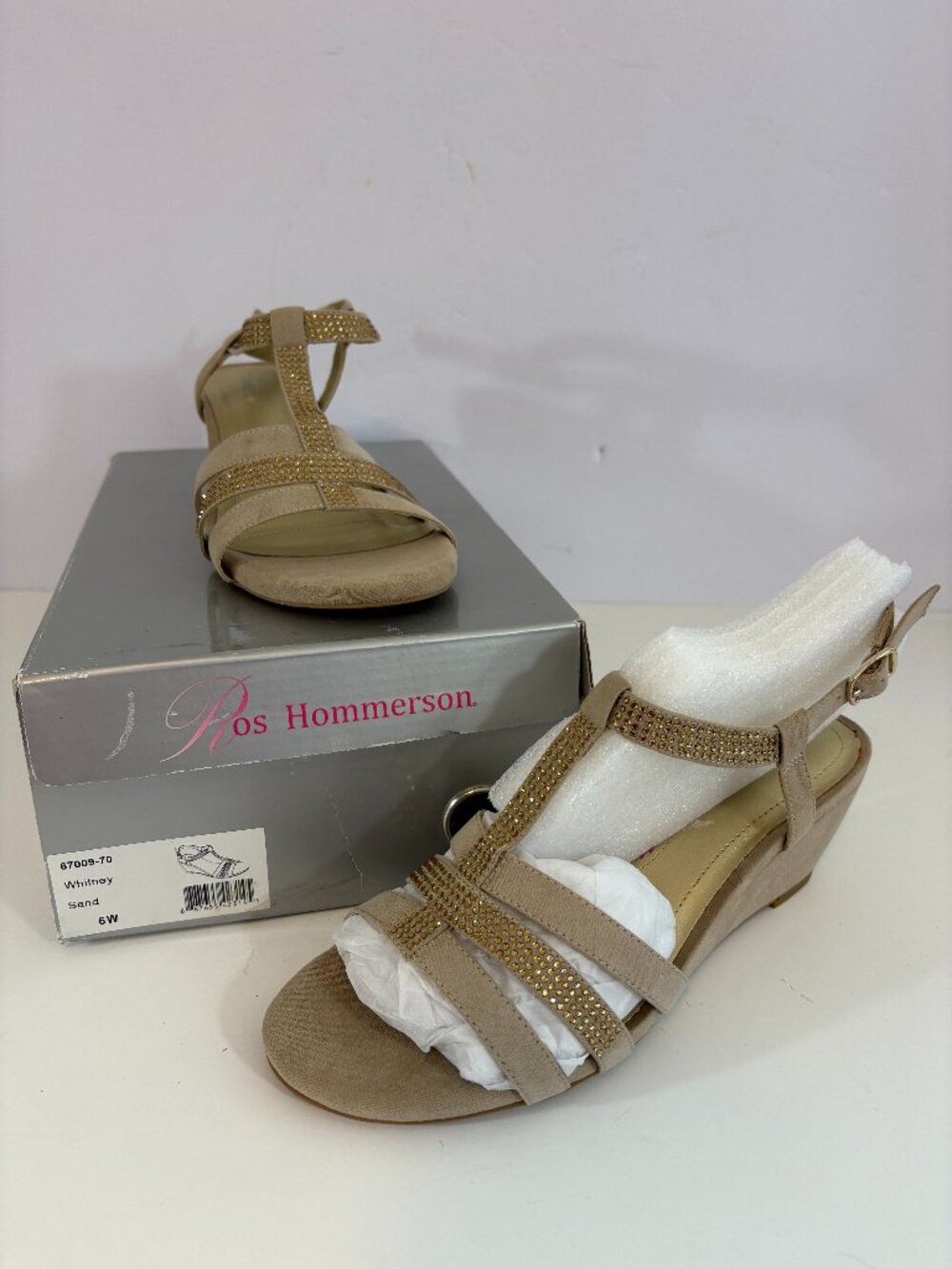 Ros Hommerson Whitney Wedge Sandals Sand Tan Gold 6 Wide